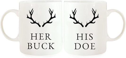 Andaz Press 11oz. Ceramic Ceramic Valentines Day Coffee Mugs Wedding Anniversary Couples Gift Set, His Doe, Her Buck, Deer Antlers Graphic, 2-Pack, Long Distance Gift Ideas