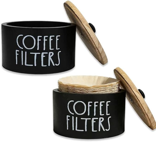 2 Pack Black Coffee Filter Holder with Bamboo Lid - Large Capacity Metal Coffee Filter Dispenser Pod Organizer Basket, Bar Counter Decor Accessory