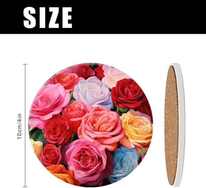 1 Pcs Coffee Cup Coasters for Drinks, Colorful Roses Painting Round Absorbent Non-Slip Ceramic Stone Cork Coasters for Kitchen Living Room Office Decoration Bar (4 * 4 Inch)