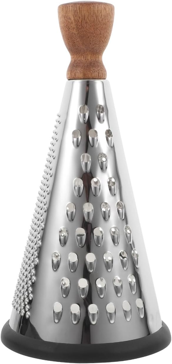 Cabilock 9.44 Inch Stainless Steel Cheese Grater with Wooden Handle Multifunctional Cone-Shaped Hand Grater for Cheese Vegetables and Fruit in Home Kitchen