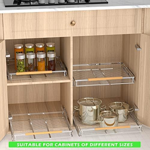 Expandable Pull Out Drawer Cabinet Organizers, Heavy Duty Slide Out Storage Shelf for Home Kitchen Pantry Cupboard Pots Pans, Adjustable Width from 12.1"~18.4", Stainless Steel 2 Pack
