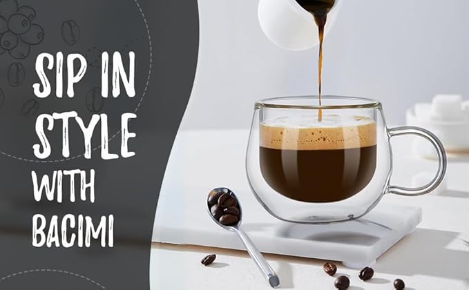 Bacimi® Double Wall Insulated Espresso Coffee Cups 3.5oz Clear Borosilicate Cup with Handle - Thermal Drinking Cups for Espresso, Cappuccino, Latte, Tea, Hot Beverage, Wine - Microwave Safe Set of 4