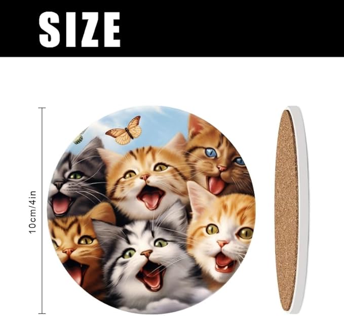 Ceramic Stone Cork Coasters for Drinks Tableware, Group of Cats with Butterfly Round Absorbent Durable Aesthetic Art Cup Mat Protects Tables and Surfaces Set of 1 (4 * 4 Inch)