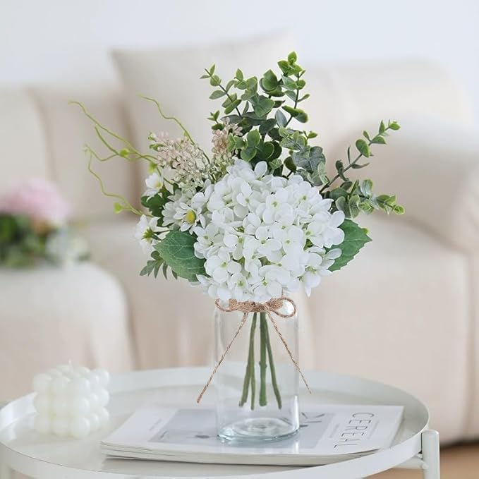 LADADA White Artificial Hydrangea Bouquet with Glass Vase - 15.7" Faux Hydrangea & Eucalyptus Arrangement, Fake Flowers in Vase for Table Centerpiece, Bathroom, Kitchen & Farmhouse Home Decor