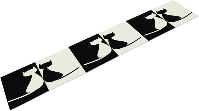 Cartoon Cat Table Runner, Black and White Minimalist Style Abstract Cartoon Patchwork Cat Plant Table Decor Table Top Dining Kitchen Wedding Party 13x108 Inch