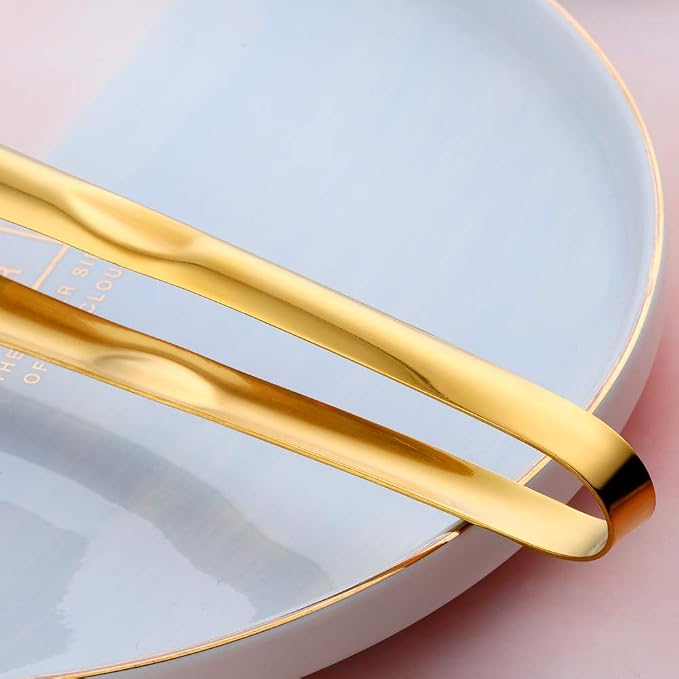 Stainless Steel Cooking Tongs for Frying, 9 Inches Serving Tongs Appetizers Charcuterie with Teeth for Parties, Food Tongs Kitchen Tongs for Nonstick Cookware, Set of 2 (Gold)