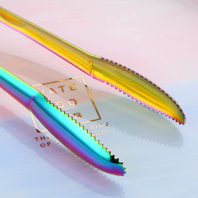 Stainless Steel Cooking Tongs for Frying, 9 Inches Serving Tongs Appetizers Charcuterie with Teeth for Parties, Food Tongs Kitchen Tongs for Nonstick Cookware, Set of 2 (Rainbow)