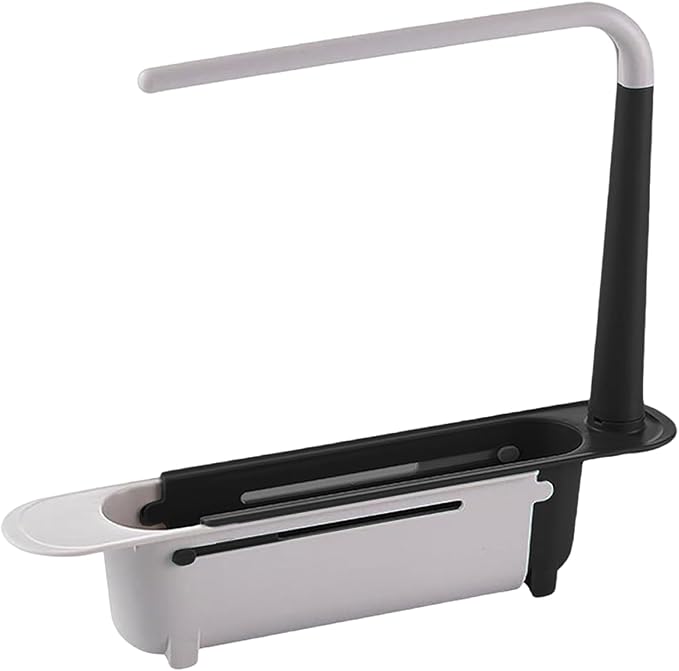 Dish Rack Over Sink, Telescopic Over-Sink Dish Drying Rack with Tray & Sponge Holder, Adjustable Drain Basket Organizer with Dishcloth Hanger for Home, Black