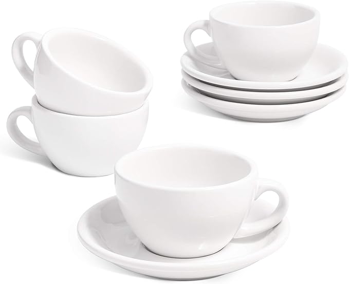 LE TAUCI 6 oz Cappuccino Cups with Saucers, Set of 4 Ceramic Coffee Cup and Saucer Set for Latte, Au Lait, Flat White, Mocha, Tea, Embossed Coffee Cups, White