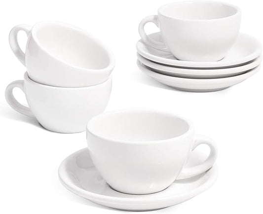 LE TAUCI 6 oz Cappuccino Cups with Saucers, Set of 4 Ceramic Coffee Cup and Saucer Set for Latte, Au Lait, Flat White, Mocha, Tea, Embossed Coffee Cups, White