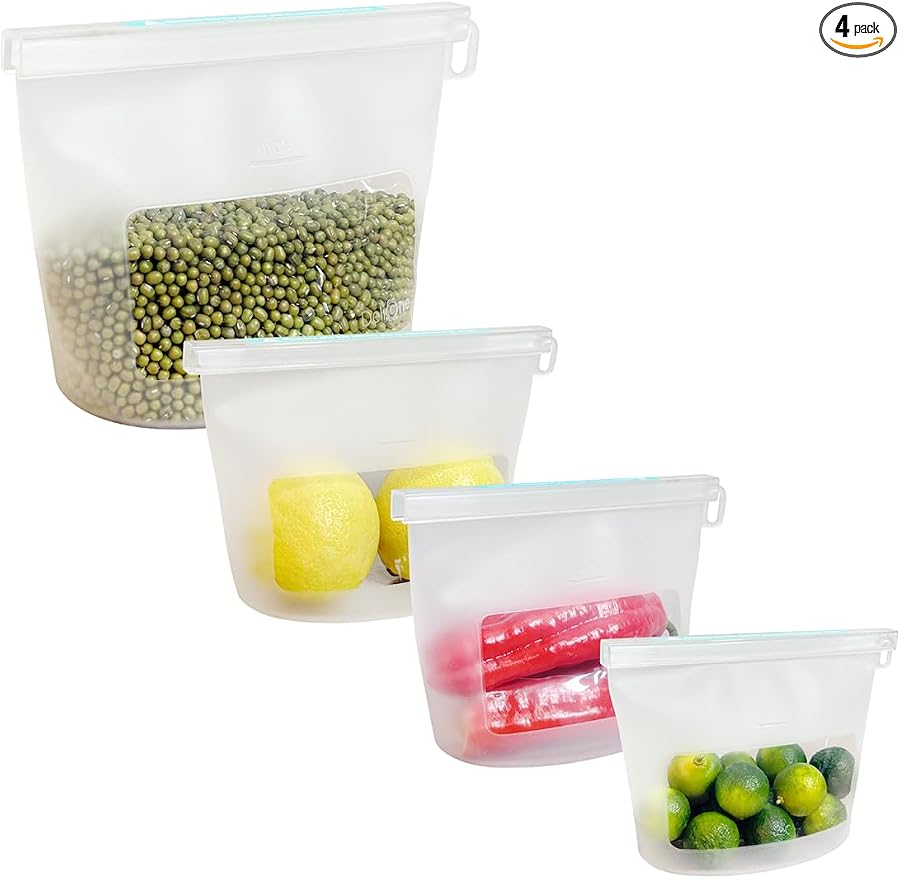 Reusable Silicone Food Storage Bags (Set of 4), Dishwasher Oven Microwave Freezer Safe, Eco-Friendly Leakproof Sous Vide Bags, Premium Lunch Containers, 1 Snack 2 Sandwich 1 Half Gallon, Clear
