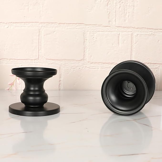 Matte Black Iron Pillar Candle Holders - Set of 2 Candlestick Holders, Metal Candle Holder for Pillar & Taper, Table Mantle Fireplace Farmhouse Home Decor