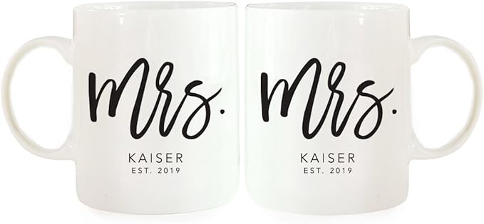 Andaz Press Personalized Name 11oz. Ceramic Ceramic Valentines Day Coffee Mugs Wedding Anniversary Couples Gift Set, Mrs. Mrs. Kaiser Est. 2026, Script Style, 2-Pack, Custom Names, Long Distance Gift