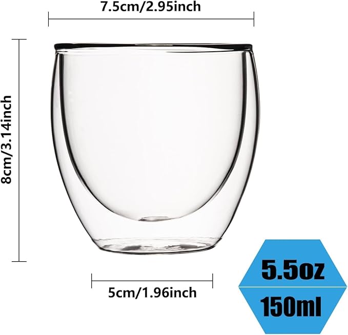 5.5oz Glass Coffee Mugs Set of 4, Double Walled Espresso Cups for Latte Cappuccino Cocoa Milk Cafe Juice, Clear Glass Tea Cup Set Glassware Gift for Christmas Birthday (5.5oz-4Pack)