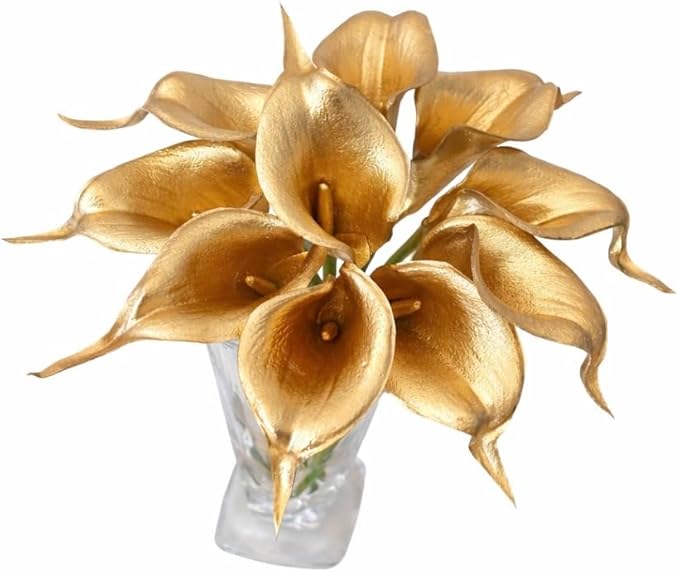 Floral Kingdom Artificial Calla Lily Flowers 10 Pack 14 Inch Gold – Real Touch Faux Flowers for Modern Home Decor, Table & Entryway Centerpieces, Wedding Decorations