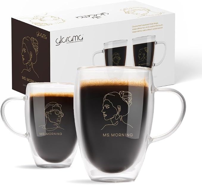 GLORAMA Double Walled Glass Coffee Mugs for Couples - Espresso Cups, Coffee Cups for Couples with Gold Line Art Inscription, Freezer & Microwave Safe (14oz)