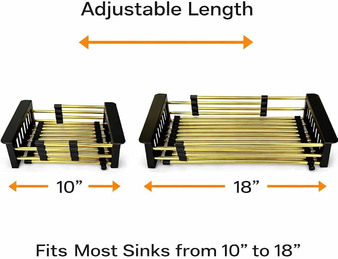 Gold Expandable Dish Drying Rack Over the Sink, Adjustable Stainless Steel Sink Drying Rack for Plates, Bowls & Utensils, Space-Saving Kitchen Counter Drainer(10-18 in)