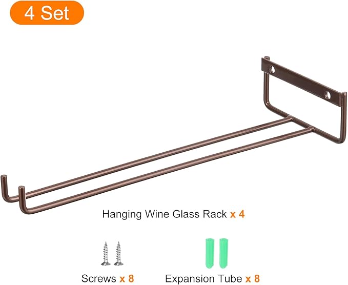 uxcell 4Pcs Wine Glass Rack, 11.02 Inch Iron Wine Glasses Rack Under Cabinet Stemware Rack - Wall Mountable Wine Glass Holder Storage Hanger for Bars Coffee Restaurants Kitchens, Bronze