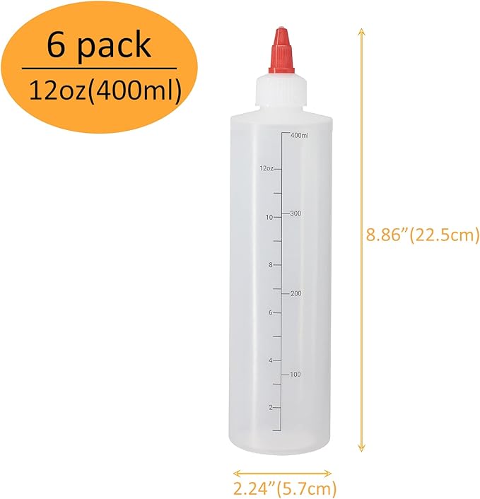 6 Pack 12 oz Graduated Plastic Squeeze Squirt Condiment Bottles with Red Twist On Cap Lids - for Condiments, Oil, Icing, Liquids–with Extra 1 Silicone Funnel, 18 Chalk Labels and 1 Pen
