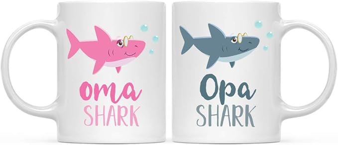 Andaz Press Baby Shark Family 11oz. Coffee Mug Gift Set, Oma Shark, Opa Shark, 2-Pack, Shark Do Do Do Gift Idea Birthday Christmas Ideas Oma Mug Opa Mug Opa Coffee Mug Oma And Opa Christmas