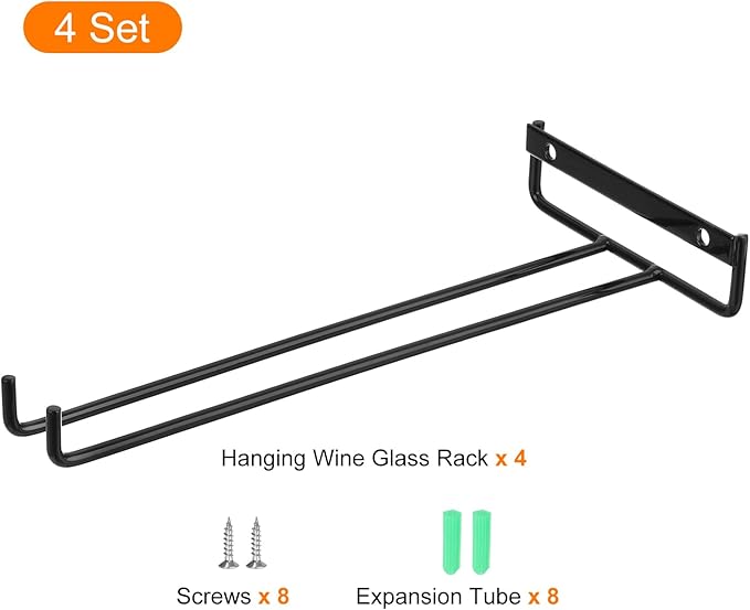 uxcell 4Pcs Wine Glass Rack, 10.43 Inch Iron Wine Glasses Rack Under Cabinet Stemware Rack - Wall Mountable Wine Glass Holder Storage Hanger for Bars Coffee Restaurants Kitchens, Black