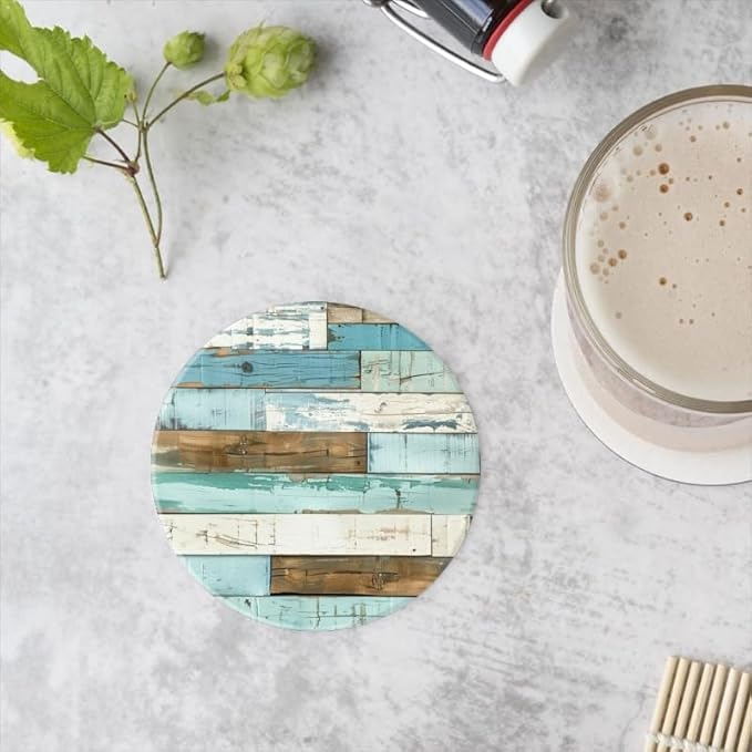 Ceramic Drink Coasters Absorbent Set of 1, Distressed Blue and White Planks Round Anti Slip Modern Cup Coasters for Desk Kitchen Office Housewarming Hostess Gifts (4 * 4 Inch)