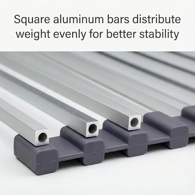 Large Aluminum Roll Up Dish Drying Rack (20.5" x 13") -Fits Sink Openings up to 19.5 Inches, Heavy Duty Square Bar, Rust-Proof & Heat Resistant with Removable Dish Holder (Purple Gray Large)