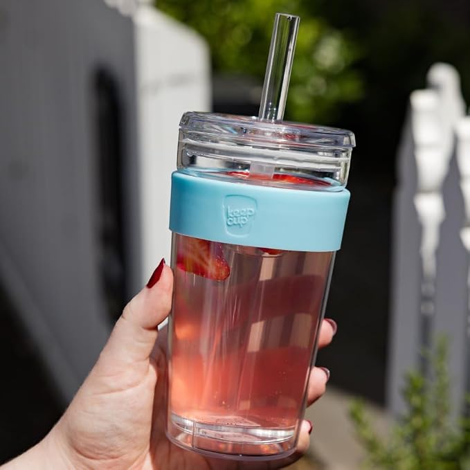 KeepCup Cold Cup - Longplay Double wall Glass Ice Coffee Tumbler with Lid and Straw - 16oz (454ml) - Cloud