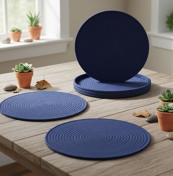 Round Placemats Set of 6 with Basket, 13" Cotton Woven Table Mats, Non-Slip Heat-Resistant, Washable Dining Chargers, Kitchen Hot Pads, Farmhouse Décor, Wedding & Holiday Use (Blue)