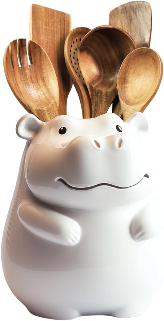 Ceramic Cartoon Animal Pattern Kitchen Utensil Holder, Large Cooking Utensil Crocks for Kitchen Countertop, Cartoon Style Utensil Organizer - Hippo