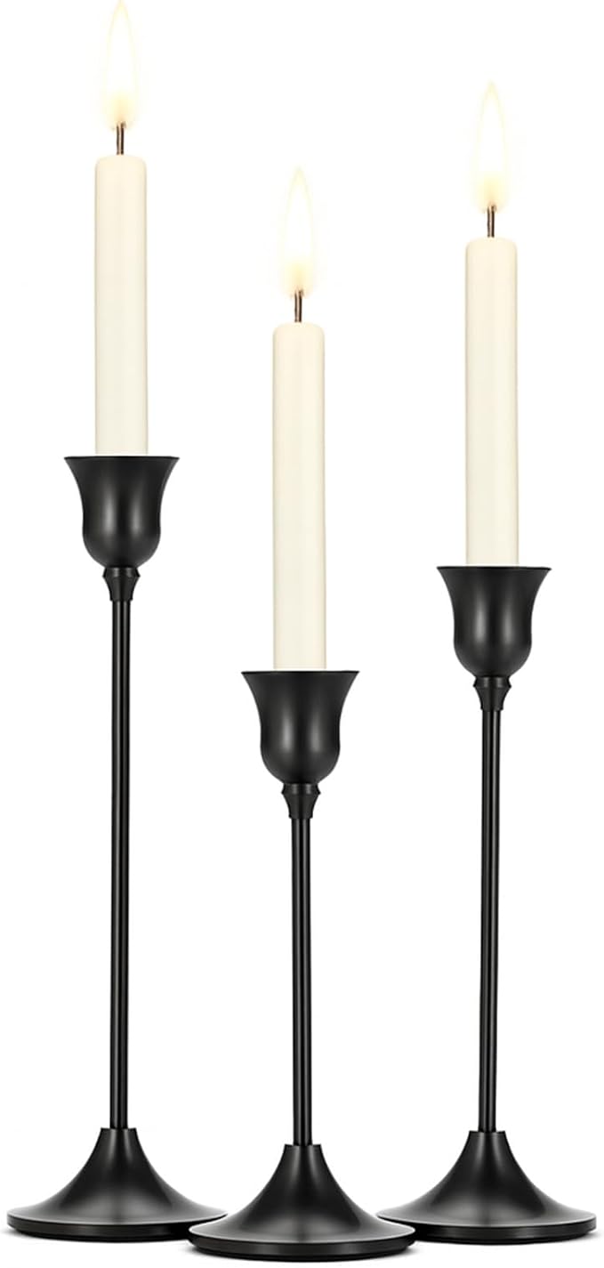 Tifanso Black Candle Stick Holder - 3PCS Taper Pillar Tall Candlestick Holders, Metal Vintage Decor, Dinner Table Dining Room Centerpieces Decorations for Wedding Fireplace Mantel Housewarming Gift