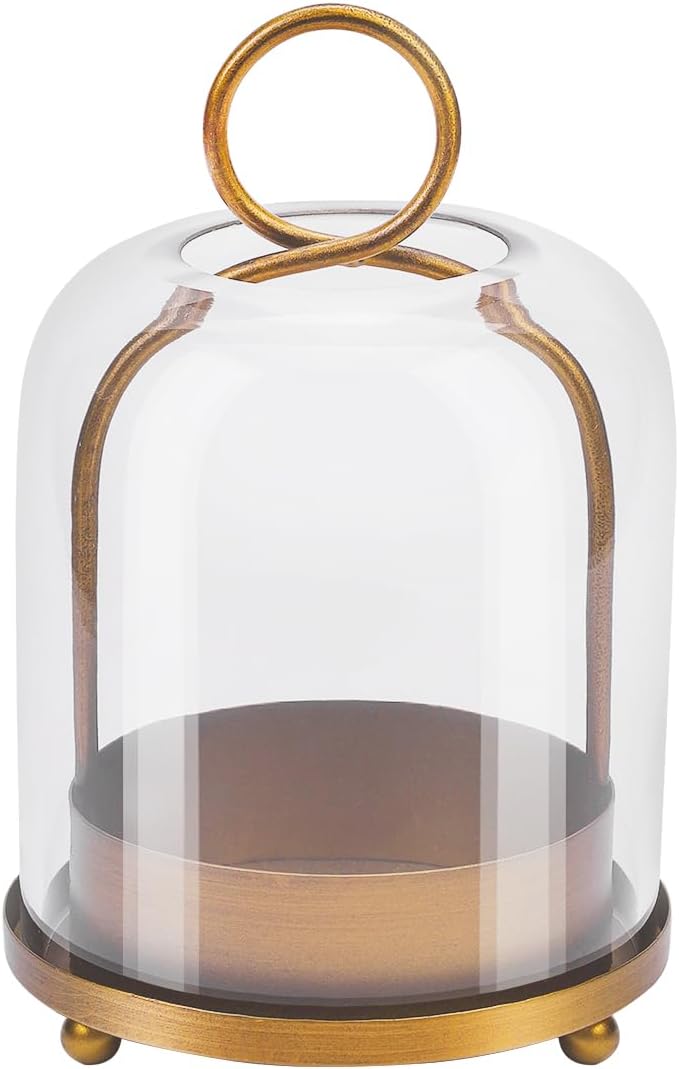 5"x7.5" Versatile Modern Metal Hurricane Lantern with Handmade Sturdy Glass Dome in Antique Brass for 3" Pillar Candle & Plants, Industrial, Farmhouse, Shabby Chic (Brass, 5"x7.5" for 3" Pillar)