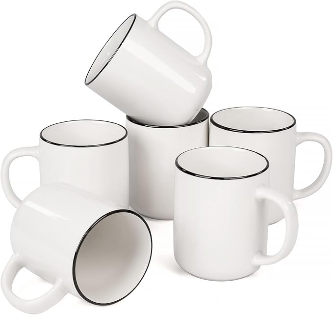 OTAGO Coffee Mugs for 6, 12 oz Mug Set, Dringking Cup with Handle for Coffee, Tea, Cocoa, Black Rim