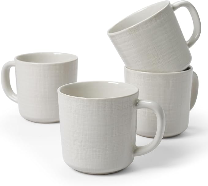 famiware Moonlight Coffee Mug Set of 4, 14oz Mug Set with Linen Finish, Coffee Cup Set with Handle for Latte, Cappuccino, Tea, Hot Cocoa, Microwave and Dishwasher Safe, White