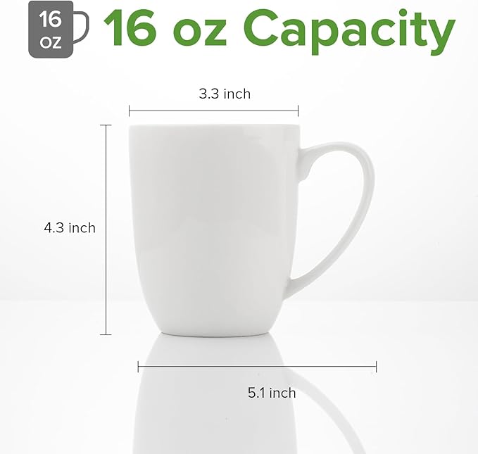 Fine Bone China White Coffee Mugs, 16 oz Large Capacity, Set of 4 Tea Cups, Thin Thickness and Light Weight, Comfortable to Hold, Microwave and Dishwasher Safe
