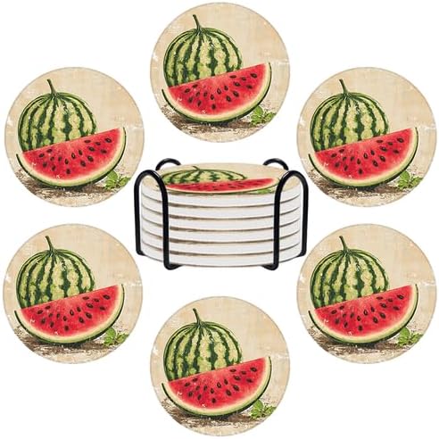 Ceramic Coasters Set of 6 Absorbent Stone Drink Coasters with Holder,Non-Slip Cork Backing,Retro Watermelon Coasters for Coffee Table,Desk & Home Decor