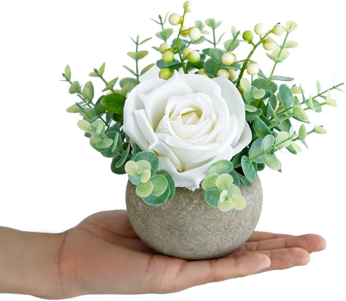 Small Artificial White Rose Potted Plant, 6" Fake Silk Flowers in 3.5" Round Pot, Mini Faux Floral Arrangement for Desk Shelf Bathroom Decor