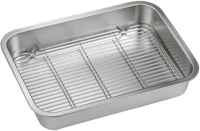 Stainless Steel Baking Pan Tray Set with Cooling Rack for Baking Roasting BBQ Cookies Vegetables Cakes Dishwasher Safe Oven Safe Rust-Resistant Mirror Finish Suitable Size for Kitchen Use(26x20x5cm)