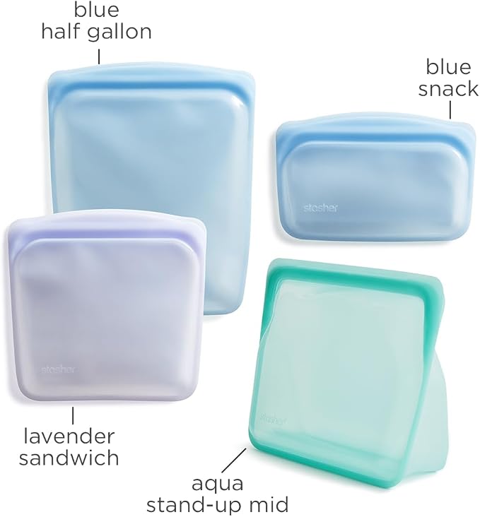 Stasher Silicone Reusable Storage Bags, 4-Pack, Reusable Freezer Bags, Microwave, Dishwasher, Oven Safe, Sous Vide, Premium Lunch Containers, Eco Friendly, Food Storage Bags, Snack Bags, Multicolor | Reusable Food Bag