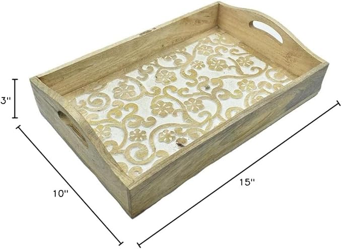 STORE INDYA Rustic Large Wooden Serving Tray Platter for Tea Snack Dessert with Handle Hand Carved Floral Design Kitchen Dining Serve-Ware Accessories 14 x 10 Inches (Beige)