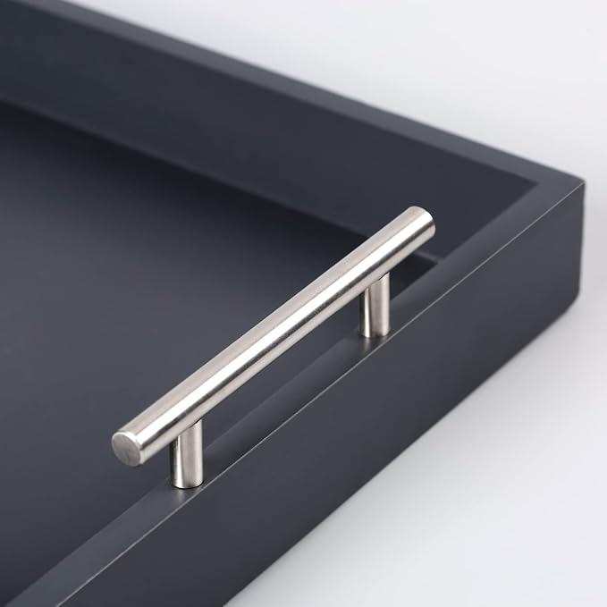 Serving Tray 16.5“X 13“Deluxe Wooden Ottoman Tray for Coffee Table with Polished Silver Metal Handles and 4 Coasters, Living Room Bathroom Coffee Bar Organizer Modern Decorative Black
