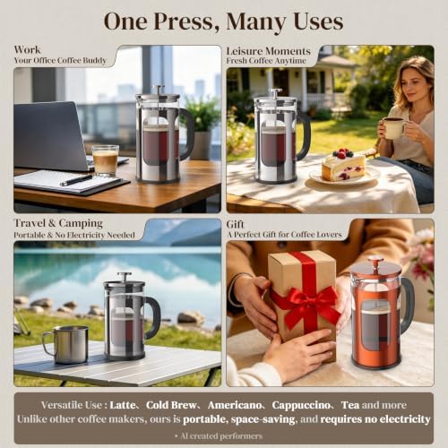 Veken French Press Coffee Maker,No Plastic Touching Cafe,34oz 1L Cafetera,Heat Resistant Thickened Borosilicate Glass Stainless Steel Pot for Kitchen,Travel,Camping,Tea, Gifts, Dark Pewter (Pack of 2)