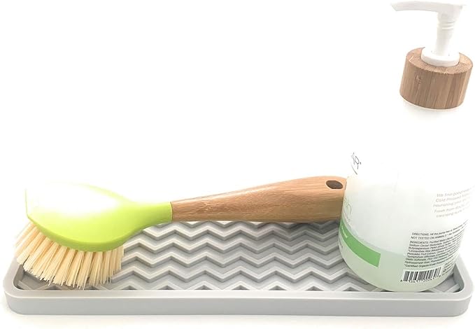 Silicone Sink Organizer Tray, Rectangular, Modern Style, Heat Safe, Dishwasher Safe, for Bathroom and Kitchen Organization (Light Grey, 12"x4", Chevron Pattern)