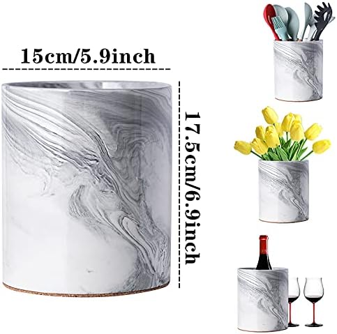 Yundu Porcelain Gray Marble Utensil Crock, Kitchen Utensil Holder for Countertop, 7″ Large Size for Storage,Table-Protection Cork Mat