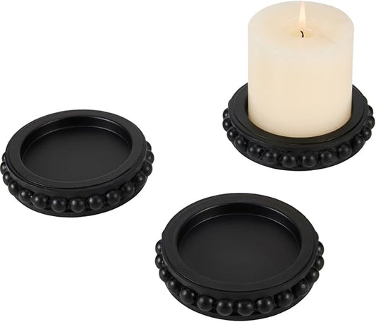 Wooden Candle Holders for Pillar Candles, Set of 3 Wood Beaded Plate with Metal Cup Inserts, 4 Inch Rustic Farmhouse Tray Stand for Fireplace Mantel, Table Centerpiece Decor - Black