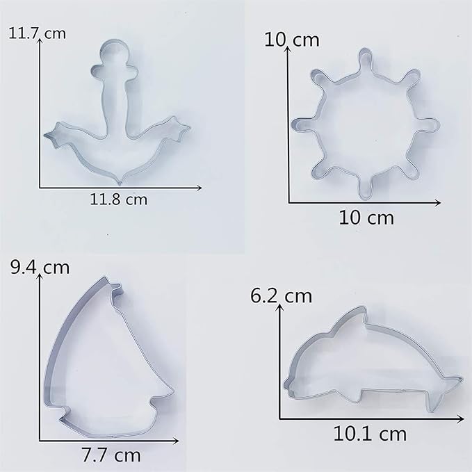 LILIAO Nautical Cookie Cutter Set - 4 Piece - Anchor, Sailboat, Rudder and Dolphin Biscuit Fondant Cutters - Stainless Steel