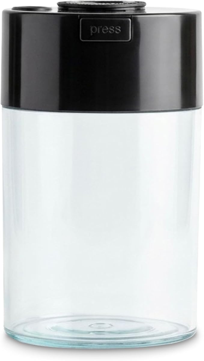 COFFEEVAC Pump It Out Airtight Coffee Container - Vacuum Coffee Storage Container for Ground Coffee Beans - Patented Vacuum Seal with Degassing Valve, 1 lb, Black/Clear