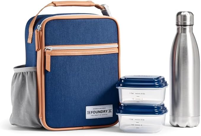 Foundry by Fit + Fresh, Thayer Insulated Lunch Bag with 2 Food Containers & 18oz. Stainless Steel Tumbler, Reusable Lunch Box, Mini Cooler Bag, Perfect for Work, College, Picnics