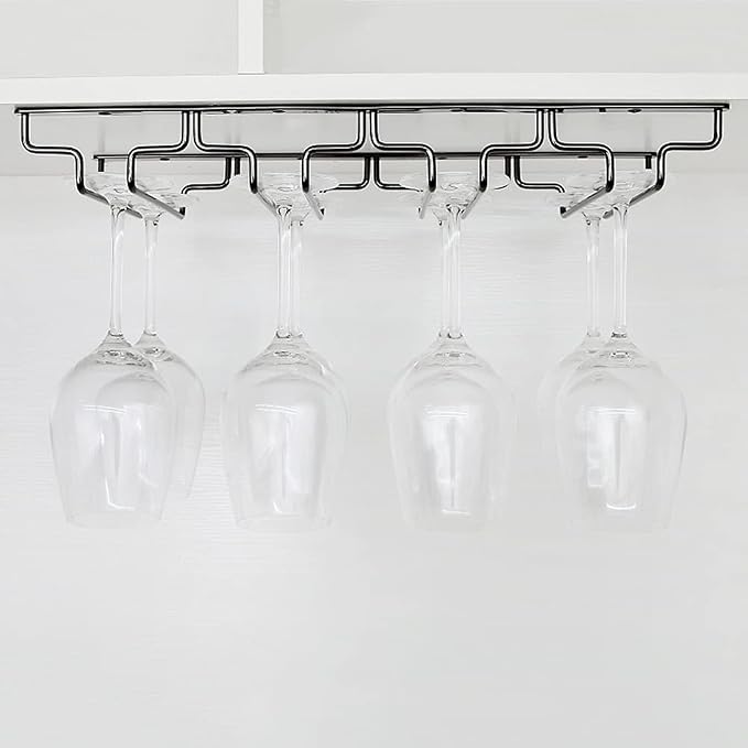 Black Wine Glass Rack - Under Cabinet Stemware Rack, Holds up to 14 Glasses, Hanging Stemware Holder, Stainless Steel Glasses Storage Hanger for Home Kitchen Bar