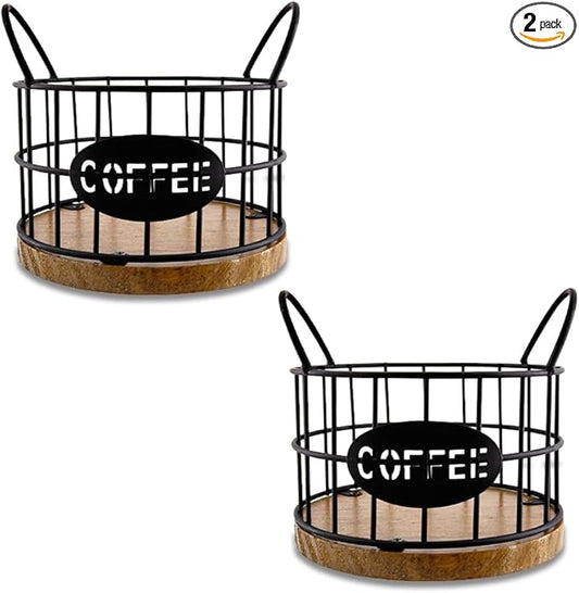 2 Pack Coffee Pods Holder for Countertop, Coffee Pods Storage Black Wire Basket with Wooden Base K Cup Holder Organizer Pod Container for Kitchen Countertop, Cafe Bar Organizer, Office Desktop
